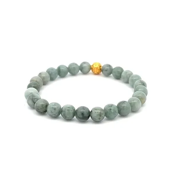 18K Gold Money Ball Lucky Bracelet Gemstones Natural Burmese Jade 6mm - Picture 4 of 5